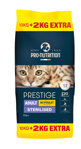 PRESTIGE CAT ADULT STERILIZED CHICKEN Повнораціонний сухий корм для дорослих стерилізованих кішок, кастрованих котів з куркою 10+2 кг. Підходить при надмірній вазі. 204080 фото